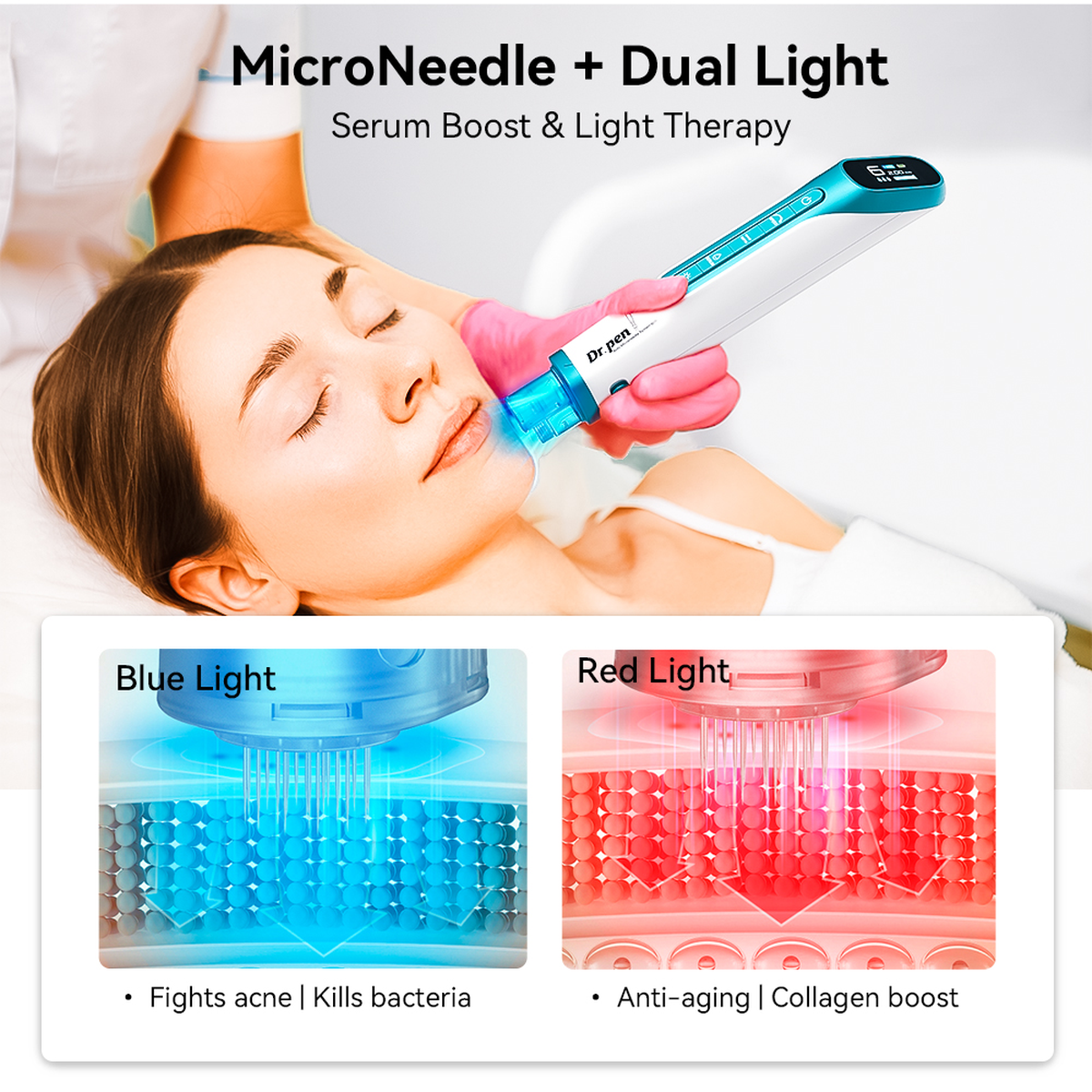 ภาพตัวเลือก LED สีแดงและน้ำเงินของ Hydra Pen H6 พร้อมภาพสาธิตใช้กับใบหน้า