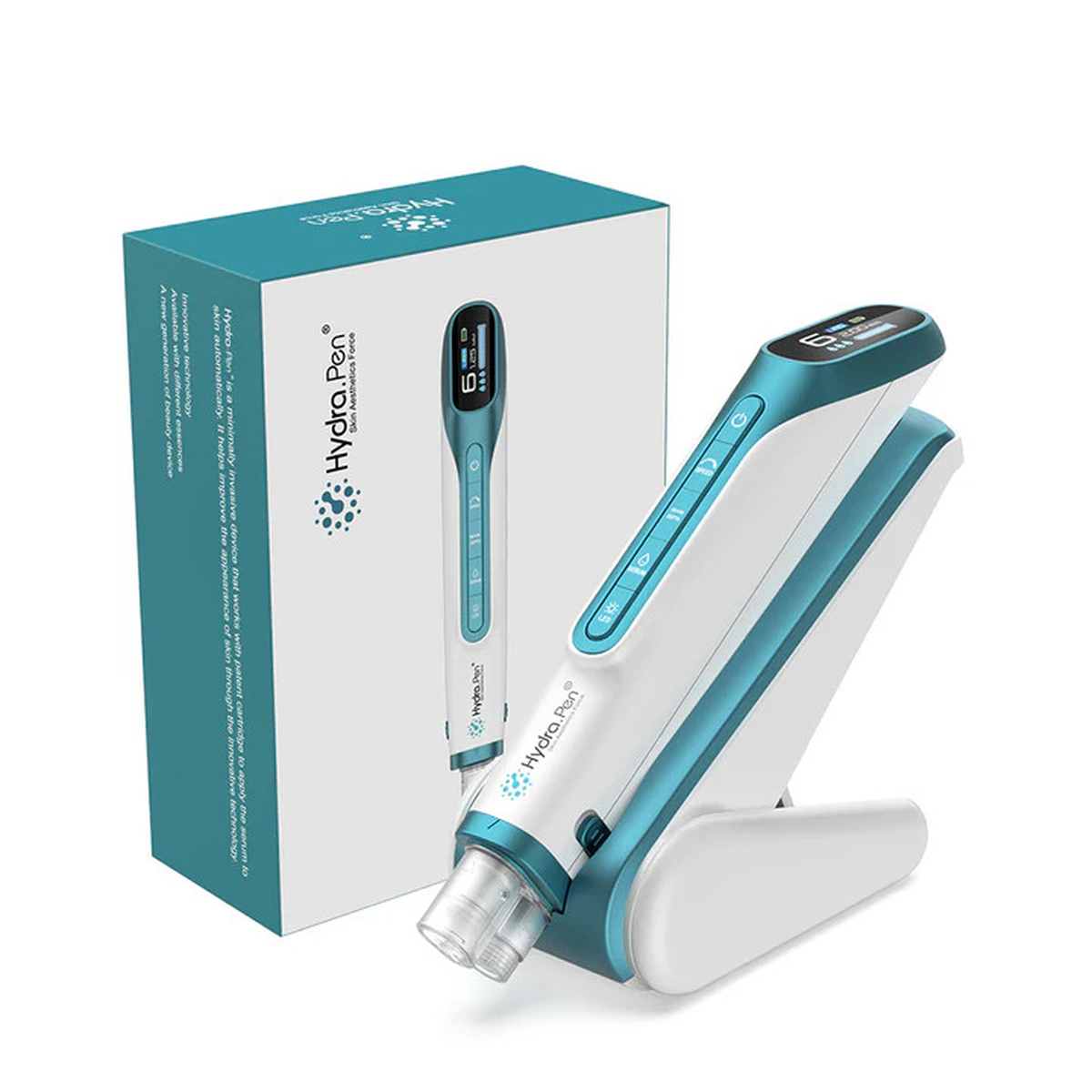 Hydra Pen H6 สีเขียวอมฟ้าเมทัลลิกบนฐาน ข้างกล่องสินค้าสีเข้าชุด