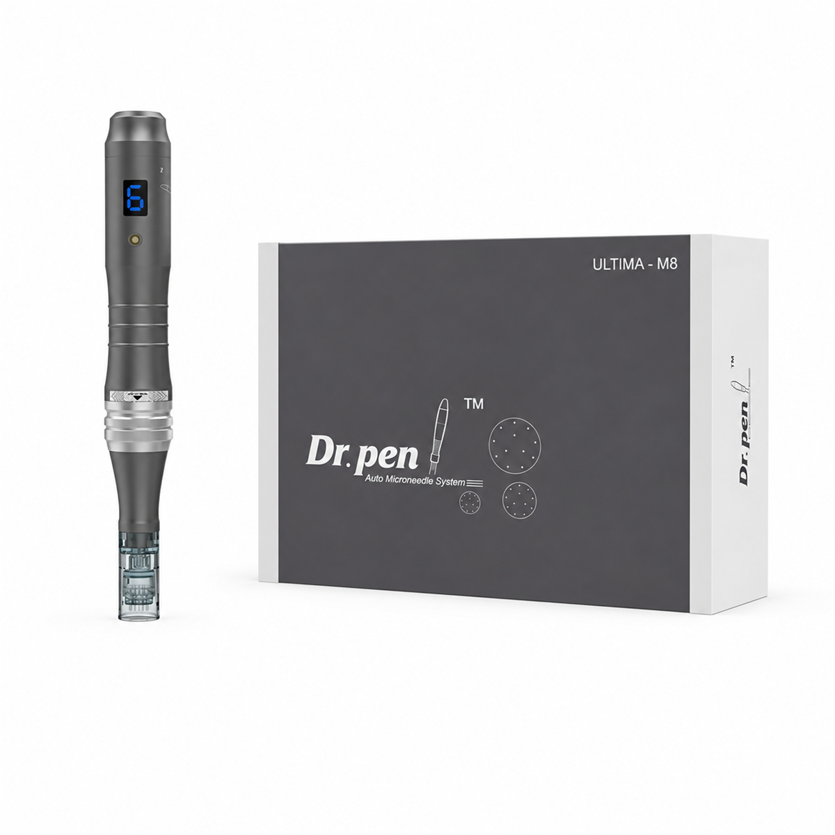 ปากกาไมโครนีดลิง Dr. Pen M8 สีเงินข้างกล่อง M8 จากผู้ผลิต