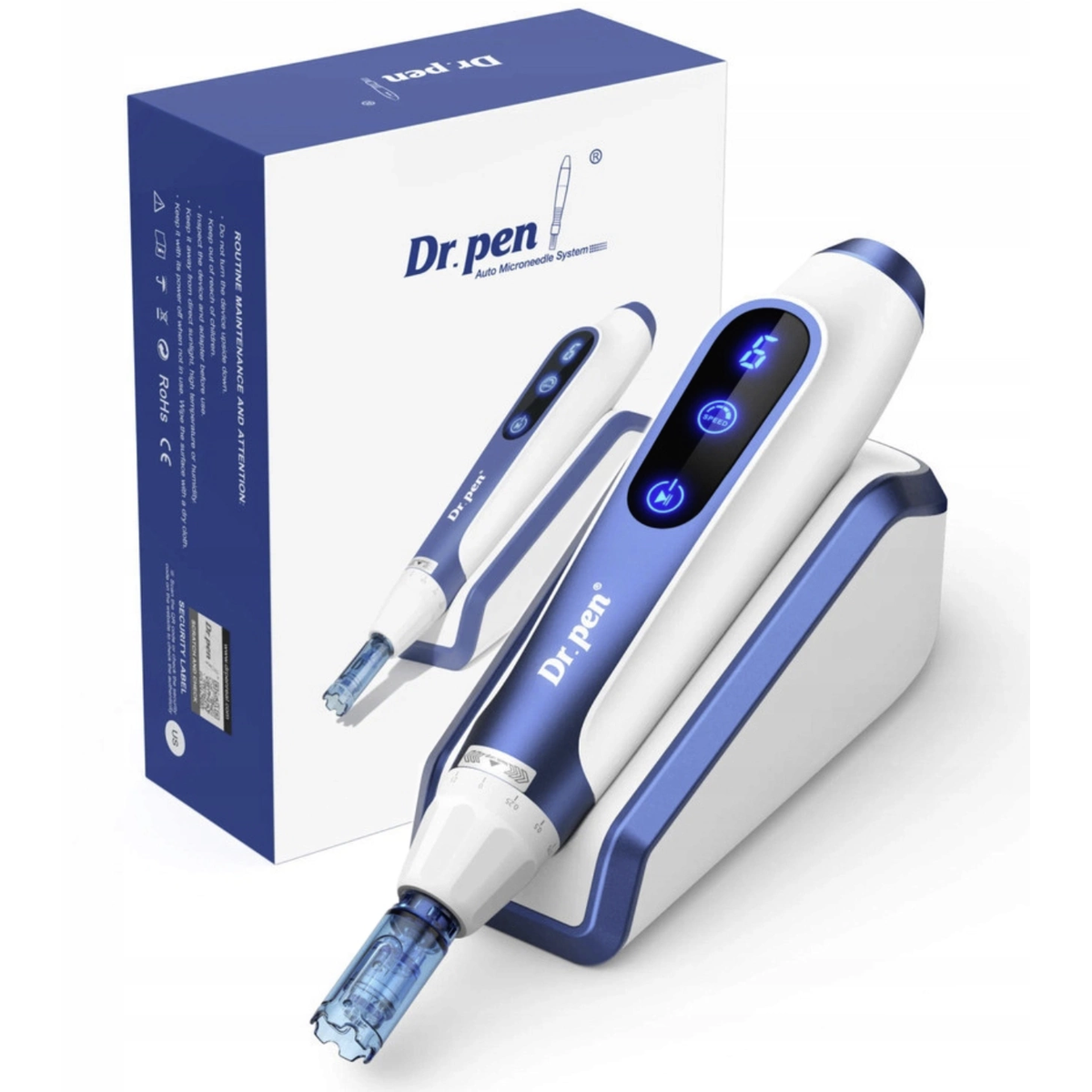 Dr. Pen A11 สีฟ้าและขาวบนฐานพักหยุด ข้างกล่องสินค้าจากผู้ผลิต