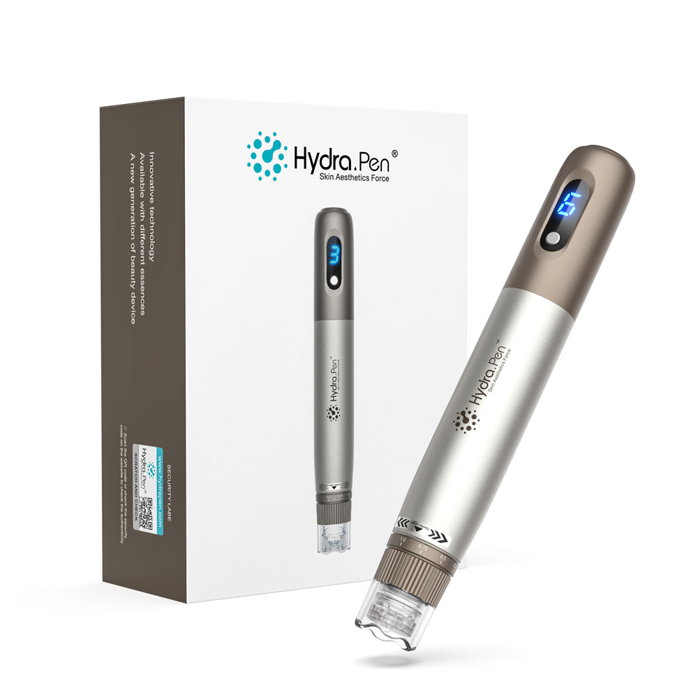 ตัวเครื่อง Hydra Pen H3 สีเงินและบรอนซ์ข้างกล่องสินค้าจากผู้ผลิต