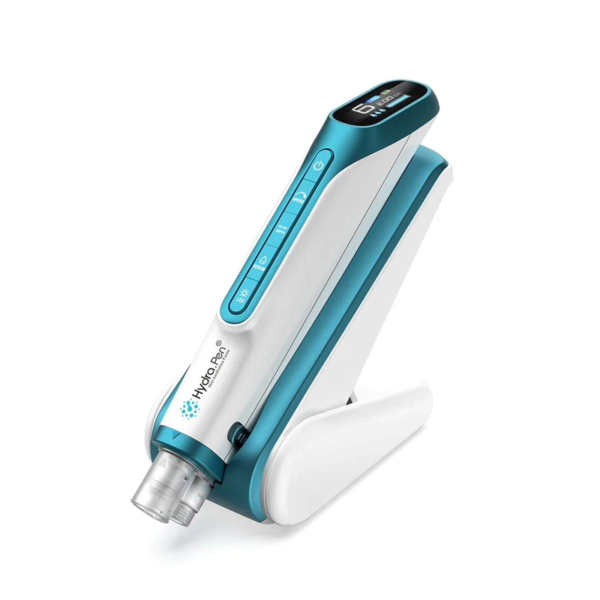 Hydra Pen H6 สีเขียวอมฟ้าเมทัลลิก พร้อมหัวเข็มที่ติดตั้งและฐานวางตัวเครื่องแบบพับได้