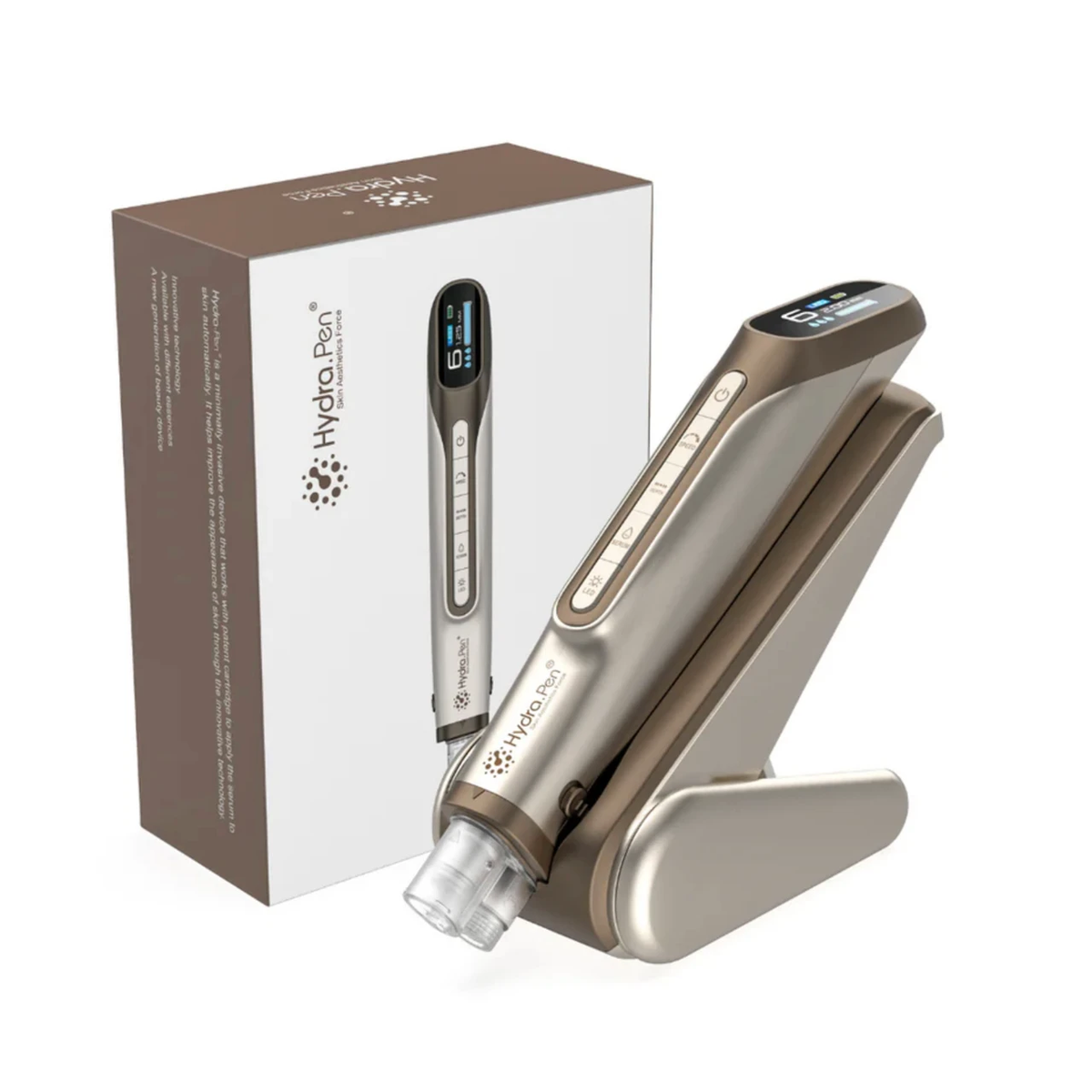 Hydra Pen H6 สีทองแชมเปญบนฐาน ข้างกล่องสินค้าสีเข้าชุด