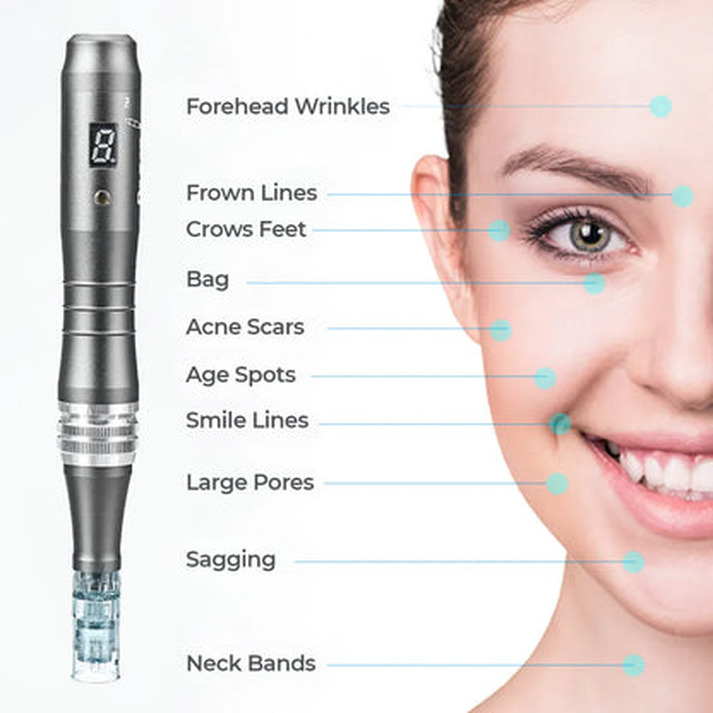 Dr. Pen M8 ข้างแผนภาพใบหน้า แสดงแนวทางดูแลผิวตามข้อมูลผู้จัดหา