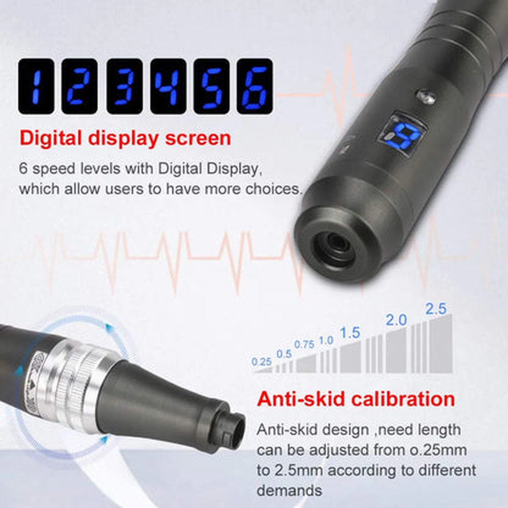 จอความเร็วและวงแหวนปรับความยาวเข็มที่มีสเกลของ Dr. Pen M8