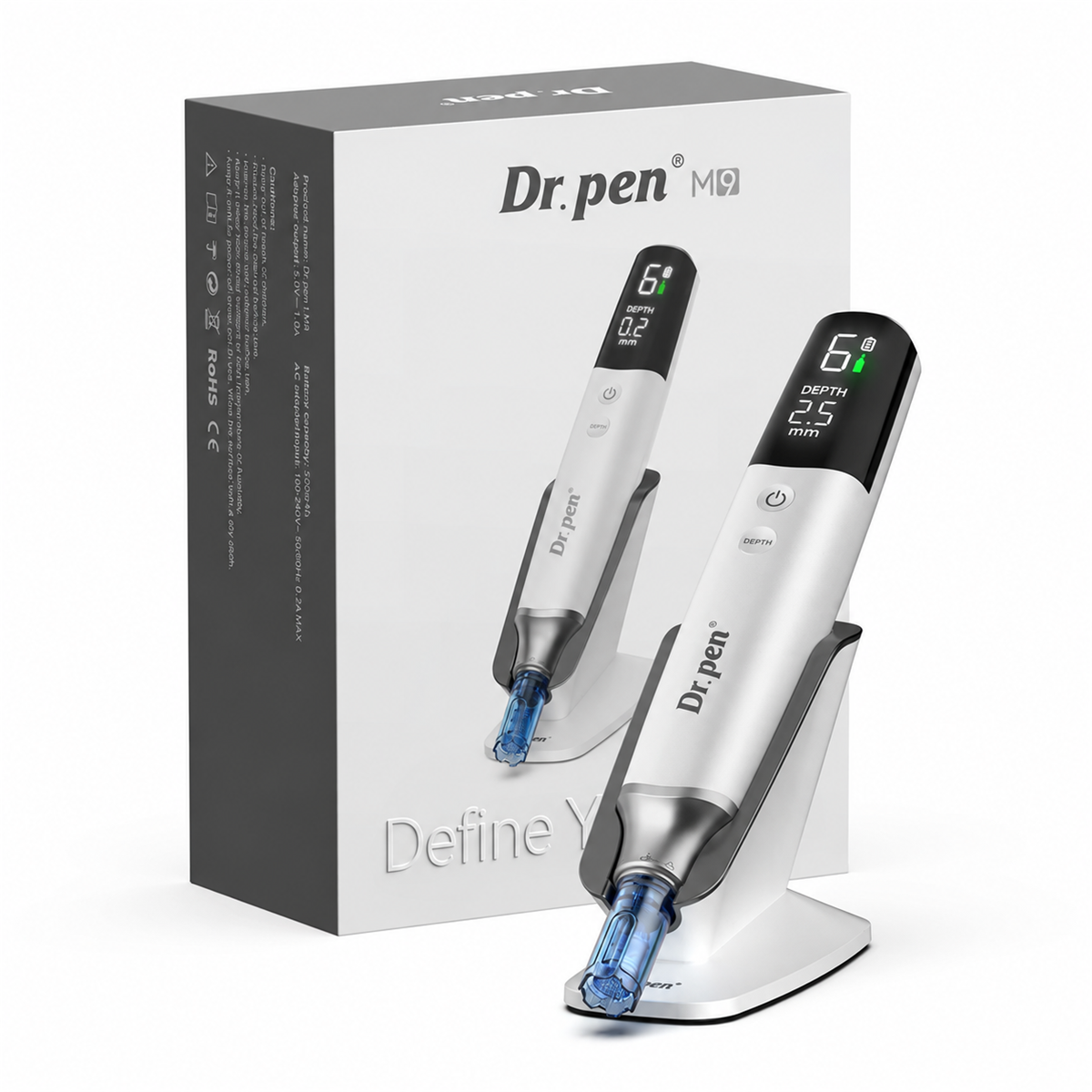 Dr. Pen M9 สีขาวบนฐานวางข้างกล่องสินค้าจากผู้ผลิต