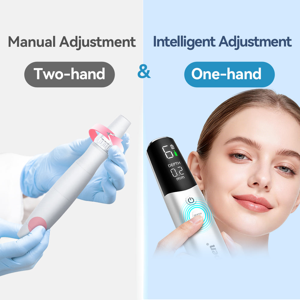 ภาพเปรียบเทียบการปรับความยาวเข็ม Dr. Pen M9 ด้วยปุ่มกับวงแหวนปรับด้วยมือ