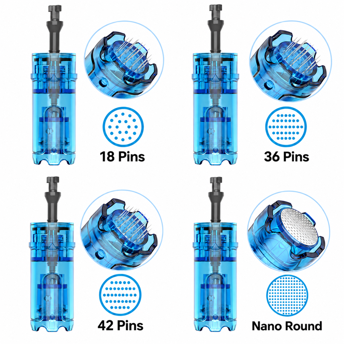 หัวเข็มสำหรับ Dr. Pen M9 และ M8 Max แบบ 18, 36, 42 เข็ม และ Nano แบบกลม พร้อมภาพปลายระยะใกล้